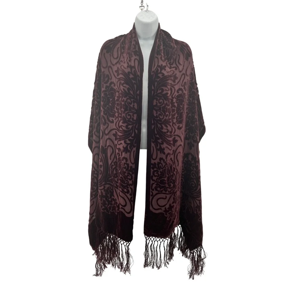 Valerie Stevens Velvet Burnout Scarf Burgundy Silk Damask Fringe Wrap Whimsigoth